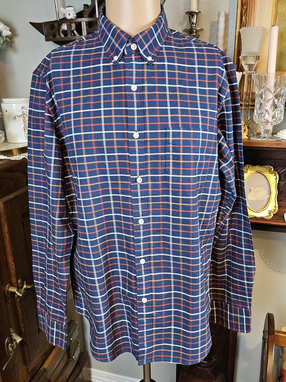 J.Crew Flex Oxford Slim Plaid Button Down Shirt Blue Orange NWT Size L